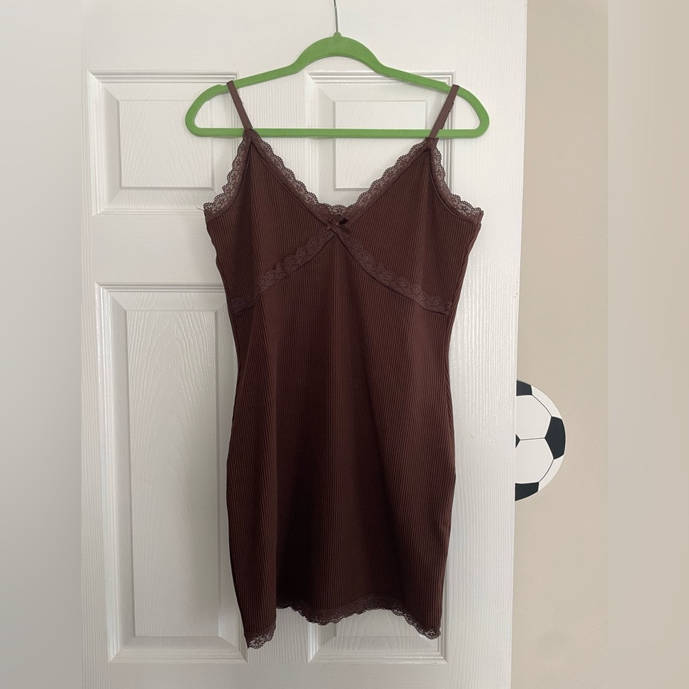 H&M brown cami lace trim body con dress